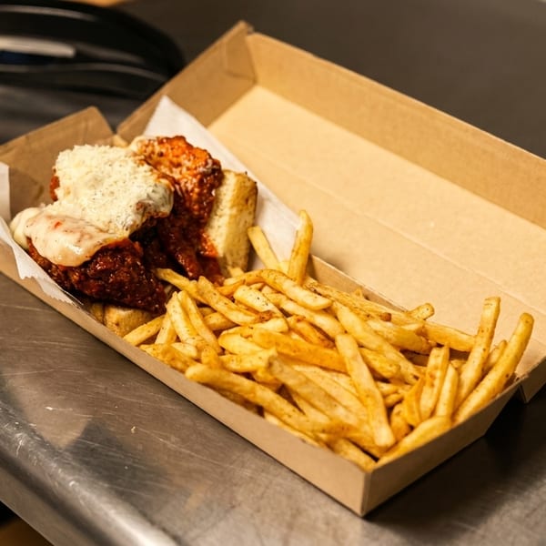 Spicy chicken sandwich with white sauce and fries in a cardboard takeout container on a metal counter.
