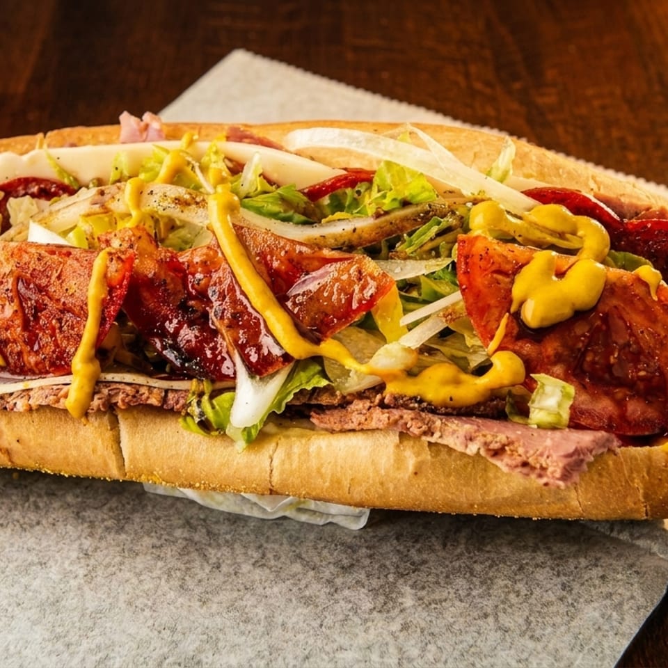 A large, loaded sub sandwich with various meats, cheese, lettuce, onions, and mustard on a wooden table.