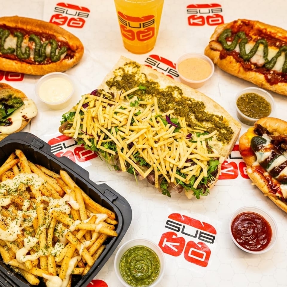 An overhead shot of various SubKo sandwiches, fries, and drinks on a branded white surface.