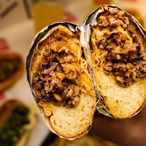 A hand holds a large cheesesteak sandwich, cut in half, revealing meat and cheese inside.