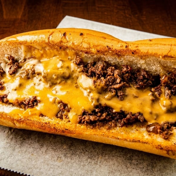 A delicious cheesesteak sandwich with melted cheese and steak on a hoagie roll.
