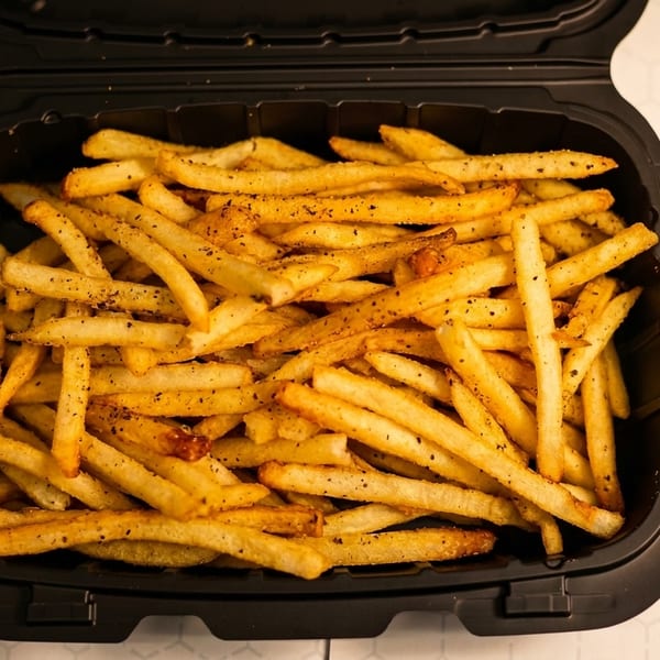 Seasoned french fries in a black to-go container next to a red and white Sub K logo.